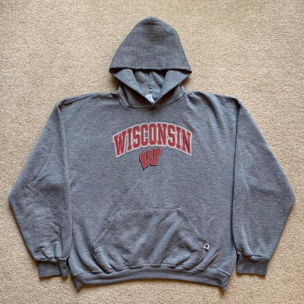 Wisconsin Badgers Russell‎ Athletic Grey Pullover Hoodie Vtg Size XL 50/50